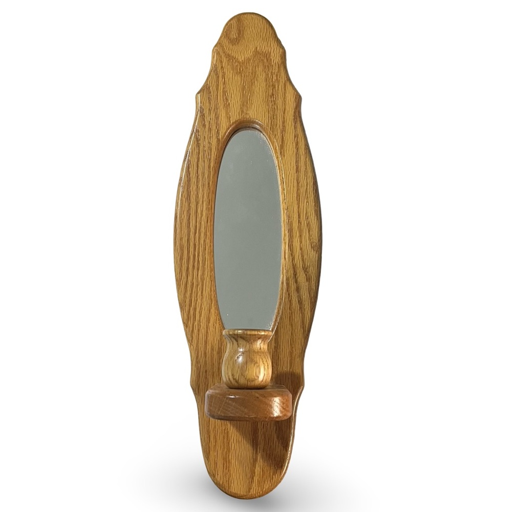 Vintage Oak Wall Mounted Candle Sconce With Mirror